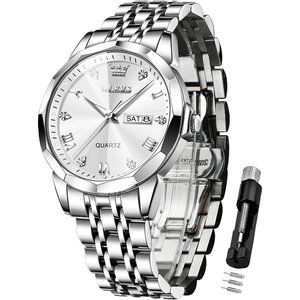 Men Diamond Stainless Steel Luxury Analog Waterproof Wrist Watches -Silver